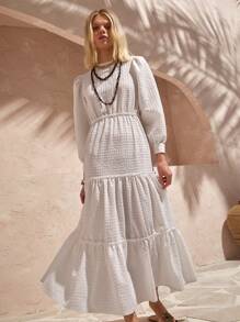 Bóhologie Boho  Bohemela  Womens Clothing Women Summer Clothes Women's Textured Puff Sleeve Round Neck Multilayer A-Line Vacation Casual Maxi  Dress  Seaside Holiday, Suitable For Everyday, Out Of The Street, Holiday And Other Occasions To Wear,,White Graduation Dress White - White - View 6