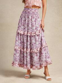 WESTFADE Spring Mixed Ditsy Floral Prints Smocked Waist Lace Crochet Trim Ruffle Tiered Maxi Skirt Summer Beach Vacation - Multicolor - View 3