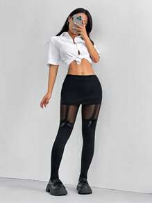 SHEIN EZwear Women's Solid High Waist Bow Decorated Mesh Patchwork Tights