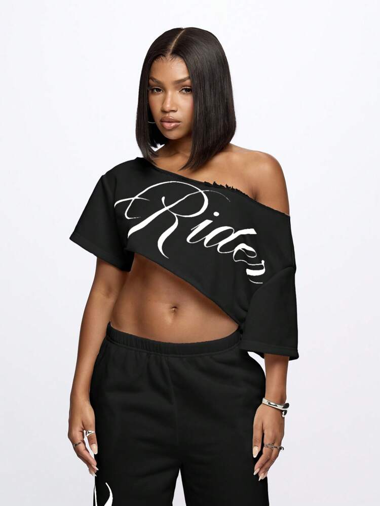 SUMWON WOMEN Casual Retro Off Shoulder Cropped Rider Text T-Shirt