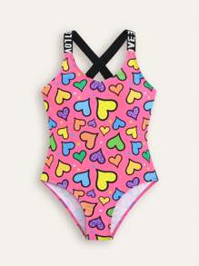 New Fashionable Colorful Heart Printed One Piece Swimsuit For Tween Girl - Baby Pink - View 1