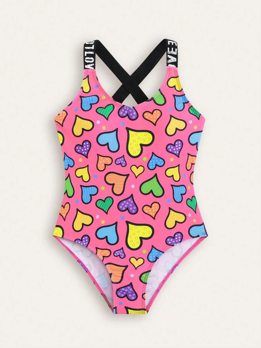 New Fashionable Colorful Heart Printed One Piece Swimsuit For Tween Girl - Baby Pink - View 1