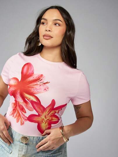 MISSGUIDED PLUS Plus Size Floral Baby T-Shirt Summer Casual Jersey Short Sleeve Tee Spring Festival Bloom Print Relaxed Fit Weekend Casual Top