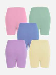 SHEIN 5PCS/Set Young Girl' Simple Candy Color Combo Skinny Shorts & Leggings, School, Campus, College - Multicolor - View 2