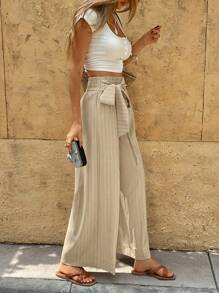 SHEIN Frenchy Women's Vacation Knotted Waist Striped Wide Leg Loose Pants Winter Casual - Apricot - View 3