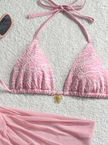 Swim Mod 3pcs/Set Pink Cute Summer Beach Party Holiday Holiday,Floral Textured Fabric Gold Flower Decor Halter Top,Side Tie Swim Shorts & Mesh Mini Skirt - Pink - View 4