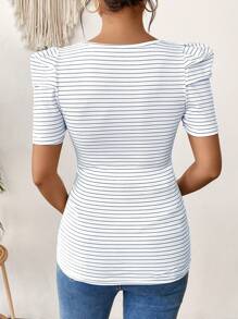 SHEIN Maternity White Base Navy Striped Short Puff Sleeve Casual T-Shirt - Multicolor - View 2