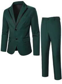 Manfinity Homme Men's Lapel Neck Long Sleeve Single Breasted Blazer And Pants Suit Set , Pants Suits For Men , Suits For Men Green