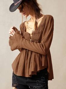 SHEIN BohoFeels 女士度假休闲纯色编织 V 领长袖衬衫 - 棕色 - 查看 3