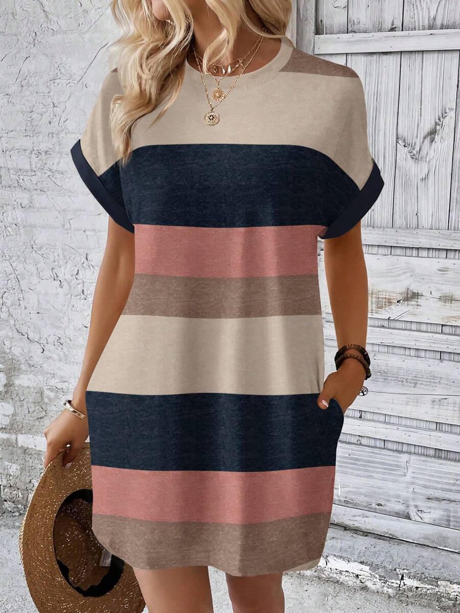 SHEIN LUNE Casual Striped Pattern Round Neck Short Sleeve Women's Summer Dress Chic Dress - Multicolor - View 1