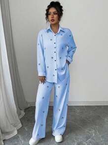 Rafferiza 2pcs/Set Women Pink Butterfly Print Summer Outfit, Casual For Outings, Gatherings, Parties, Back To School - Blue - View 3