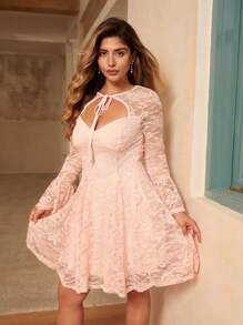Flirla Abito elegante di colore unito in pizzo traforato per taglie comode - Rosa - Visualizzare 3