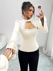 SHEIN Unity Women Fashionable Rhinestone Decorated Elegant Blouse, Minimalist And Stylish, Suitable For Summer Fall Cloth For Women - Apricot - View 6