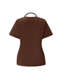 SHEIN TaskFit Uniform Set Short Sleeve V-Neck Top And Pants Scrub Set - Brown - View 7
