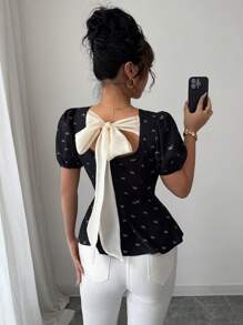 Rafferiza 休闲年轻优雅荷叶边蝴蝶结后背衬衫 - 黑色 - 查看 2