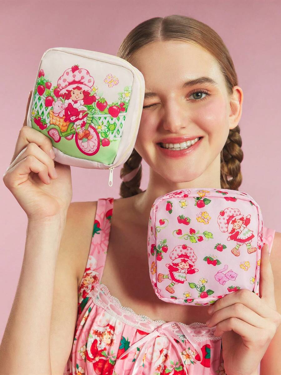 Strawberry Shortcake X SHEIN 1 Túi đựng đồ hình dâu tây hoạt hình dễ thương, có thể dùng làm hộp đựng băng vệ sinh, phụ kiện điện tử, đồ dùng nhỏ, họa tiết mèo và chó đáng yêu, ý tưởng quà tặng, ngày Valentine, mùa hè/mùa xuân, kỳ nghỉ - Nhiều màu - Xem 1