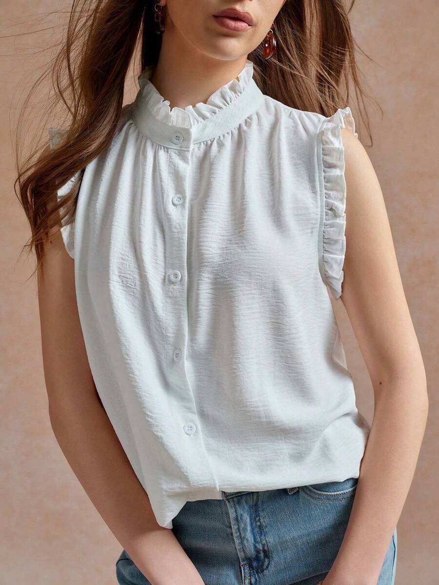 Écloséra 女士休闲优雅百搭纯色立领荷叶边无袖衬衫 - 白色 - 查看 1