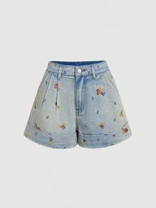 SHEIN MOD Pantaloncini di jeans larghi, casual, con ricamo floreale a pois, in stile allentato con pieghe