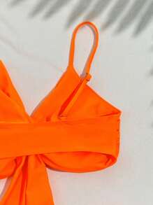 Women 2pcs Solid Orange Top & Tropical Print Bottom Bikini Set, Random Print For Summer Beach Vacation - Orange - View 4