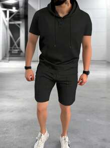 Manfinity RelaxMax Men's Hooded T-Shirt And Shorts Set, Casual & Fashionable, Suitable For Summer,Summer Minimalist Fashion Designer Basic Style, Soft And Comfortable, Perfect For Vacation, Streetwear, And Daily Casual Wear, Offering A Relaxed Fit, Ideal For Couples' Gatherings, A Thoughtful Gift For Husbands, Boyfriends, Girlfriends, Or Dads, Suitable For Outdoor Travel, Great For Wedding Parties, An INS Versatile Piece, A Must-Have For Spring And Summer Gatherings, Blending A Fashion Style Of Maturity, Steadiness, And Wisdom, Especially Suitable For Middle-Aged And Young Successful Individuals. - Black - View 3