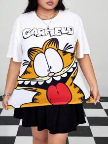 GARFIELD | SHEIN Plus Size Cartoon Graphic Print Casual Round Neck Short Sleeve T-Shirt - White - View 4
