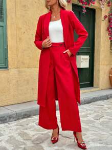 SHEIN Clasi Áo khoác dài cổ bẻ cài hai hàng khuy thời trang thường ngày cho nữ - Đỏ - Xem 4
