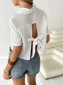 SHEIN EZwear Blusa de mujer a rayas en rosa, minimalista y con estilo, apropiada para el verano - Blanco - Ver 5