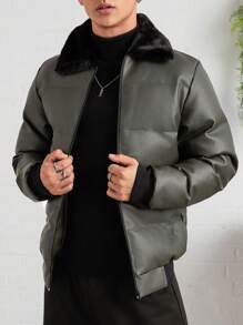 RueChic 男式休闲撞色仿毛领夹棉大衣，冬季