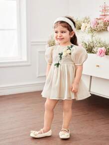 Vestido corto de manga corta con estampado floral de organza color albaricoque, elegante y lindo para bebé niña en verano