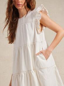 WESTFADE Spring Crewneck Ruffle Sleeve Tiered Western Cowgirl Denim Mini Dress Summer Beach Vacation - White - View 2