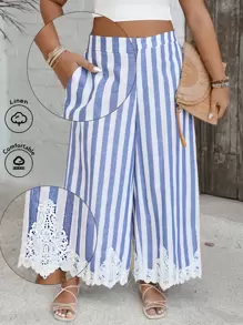 SHEIN VCAY Plus Size Vacation Island Casual Nautical Elegant Blue & White Striped Embroidered Hem Pocket Loose Wide Leg Cropped Pants Summer For Women European Summer Western Wear Women Cute Summer Beach Boho Women Vacation Woman Resort Wear Women Hippie For Women Easter Women Rave Country Concert Nashville Ibiza Old Money Style - Blue and White - View 1