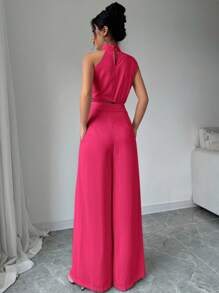 Firerie 2pcs/Set Women Turtle Neck Sleeveless Top And Wide Leg Pants - Hot Pink - View 2