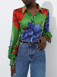 Aveloria Modichic Chiffon Contrast Color Floral Print Layered Flounce Cuff Long Sleeve Blouse Button Up Shirt Women 