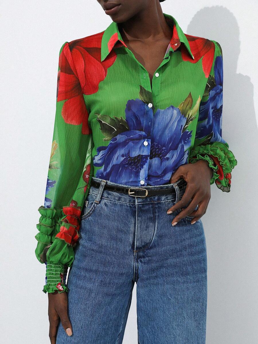 Aveloria Modichic Chiffon Contrast Color Floral Print Layered Flounce Cuff Long Sleeve Blouse Button Up Shirt Women 