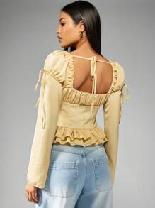 MISSGUIDED Elegant Puff Sleeve Corset Blouse Square Neck Ruched Tie Front Empire Waist Victorian Style Fall Winter Top Retro Cottagecore Fashion - Yellow - View 2