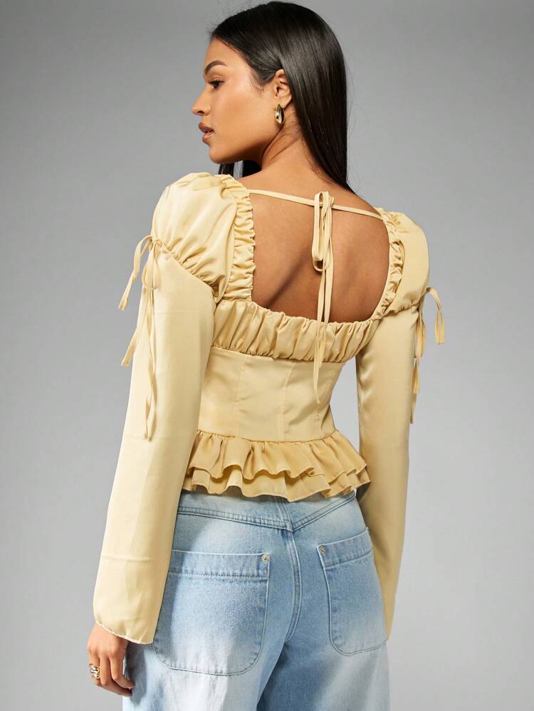 MISSGUIDED Blusa elegante de manga abullonada con corpiño, cuello cuadrado, fruncido, con lazo delantero, cintura imperio, estilo victoriano para otoño e invierno, moda retro Cottagecore