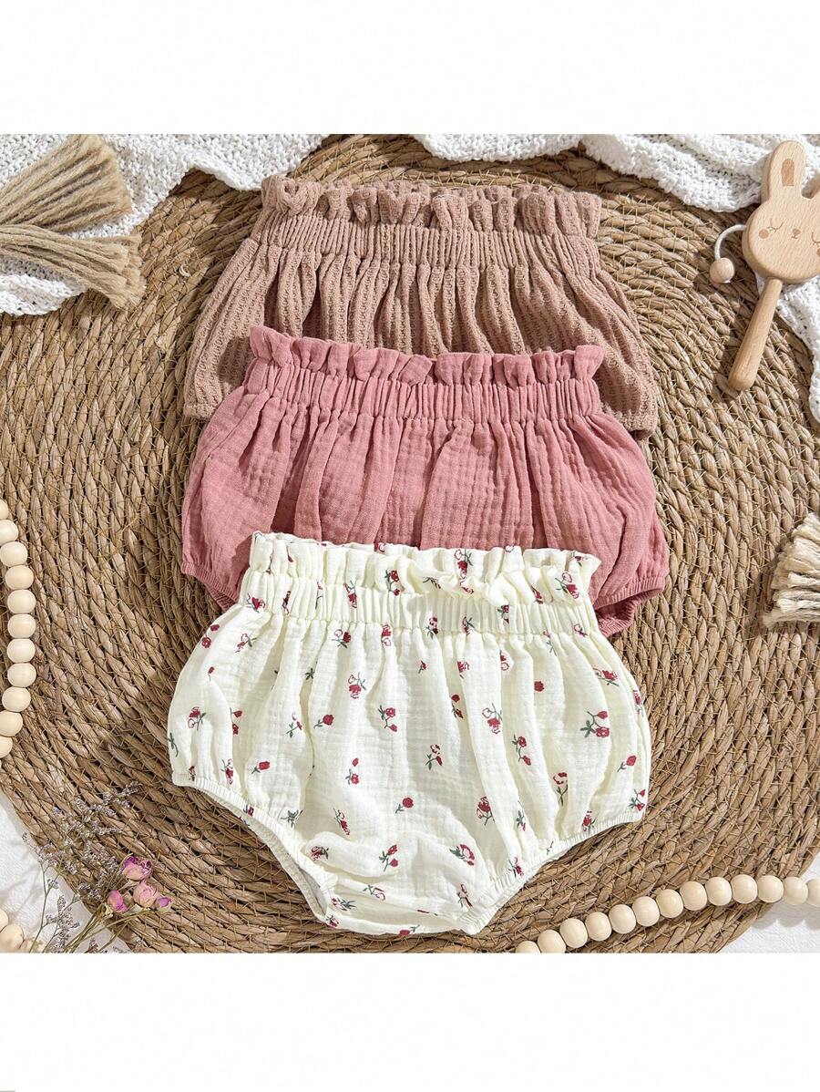 Loomiva 3pcs/Set Baby Girl Elastic Waist Ruffle Hem Shorts Set - Pink - View 1