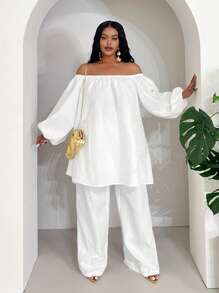 Veslaya Plus Size Loose White Long Jumpsuit, Open Shoulder Early Spring Vacation Casual - White - View 2