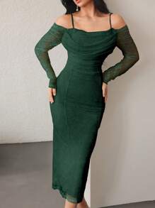 Modelyn Abito elegante da donna con scollo a draped, spalline sottili e maniche lunghe in pizzo, adatto per uscite serali e feste