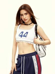Rina Fox 44 Number Lace Patchwork Crop Top, Sexy Style - White - View 1