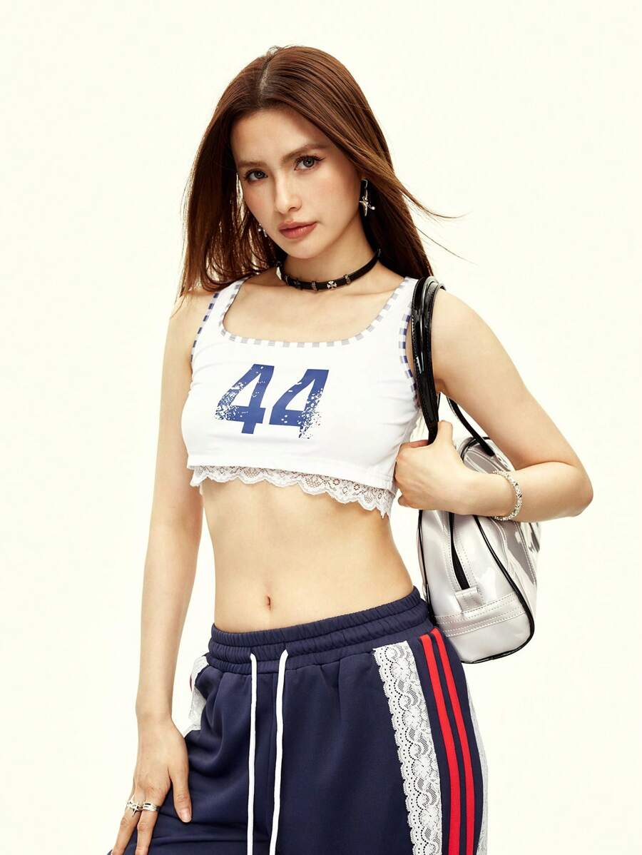 Rina Fox 44 Number Lace Patchwork Crop Top, Sexy Style - White - View 1