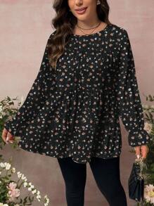 SHEIN LUNE Plus Size Women Floral Print Loose Fit Casual Long Sleeve Top, Black Background - Multicolor - View 3