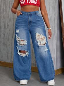 SHEIN SXY Plus Size Women Casual Non-Stretch Distressed Straight Leg Jeans Summer - Blue - View 5