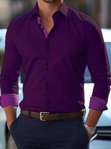 Manfinity Homme Loose Fit Men's Button Up Long Sleeve Shirt - Purple - View 1