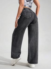 SHEIN EZwear 女式宽松口袋阔腿休闲牛仔裤