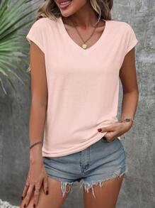 SHEIN LUNE Women's Vacation Casual Versatile Simple Solid Color T-Shirt - Coral Pink - View 5