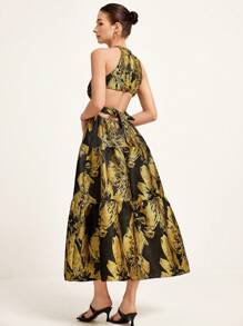 GENKIRA Váy Jacquard hở lưng thanh lịch, không tay, phong cách Boho mùa hè, in họa tiết toàn bộ - Nhiều màu - Xem 3