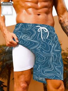 Manfinity KASUA Men Allover Print Drawstring Waist Swim Trunks Milk Silk Lining - Multicolor - View 1