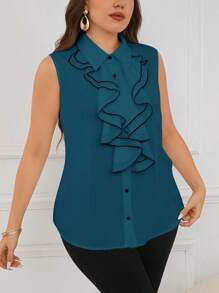 SHEIN Clasi Plus Size Sleeveless Solid Color Casual Shirt, Fashionable For Summer - Teal Blue - View 4