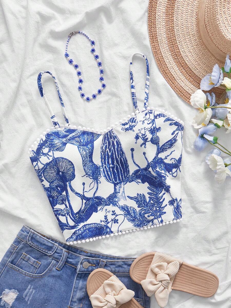 SHEIN VCAY Form-Fitting Elegant Knitted Blue & White Printed Crop Top Camisole Top For Women, Knitted, Suitable For Spring/Summer Holiday, Summer For Women,Rave Top,For Summer Vacation, Women Summer - Blue and White - View 1